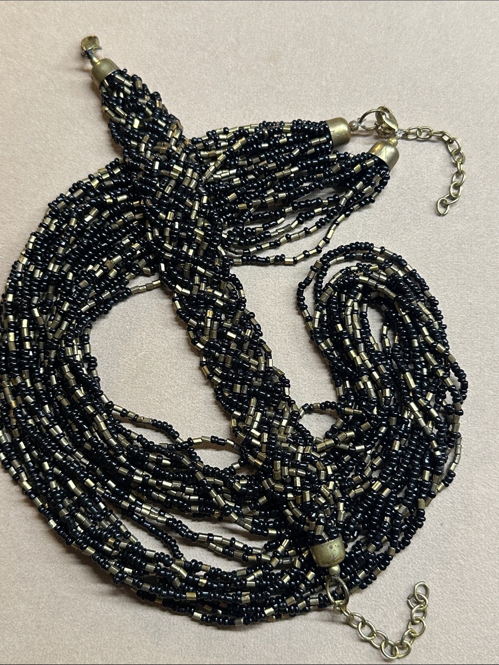 Jewelry Set - Black Beaded Bracelet / Necklace - multi strand - bronze gold